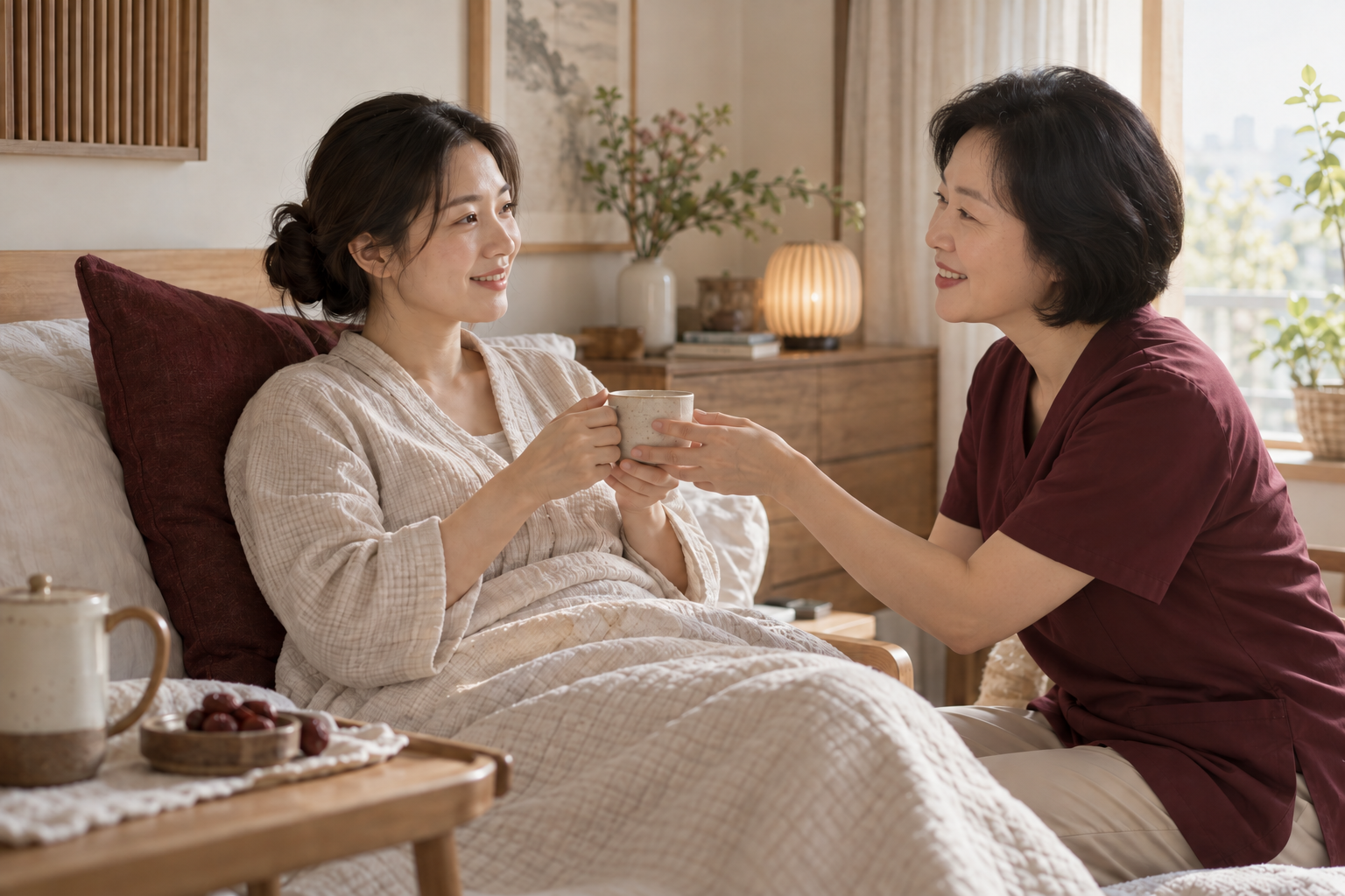 산후 돌봄을 받으며 회복하는 엄마
